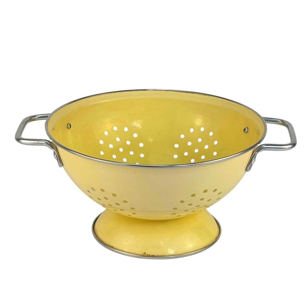 Vintage Footed Colander Yellow Enamel Double Handle Farmhouse Kitchenware OS